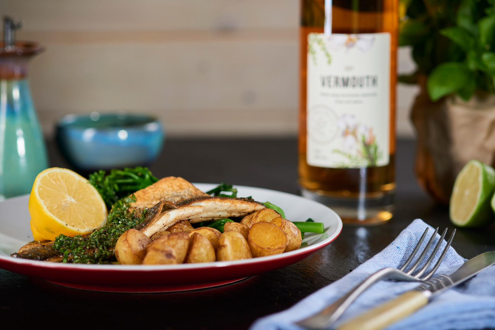 Seared sea bass served with a 6 O clock vermouth sauce